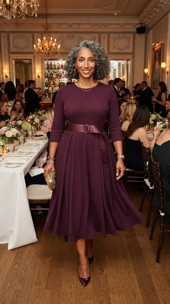 Curvy woman wearing a belted plum midi dress that defines the natural waist