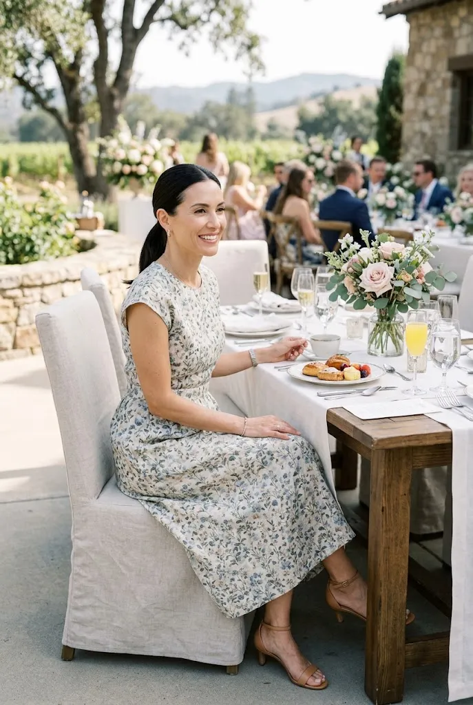 Woman in her 40s in a muted print midi dress at a wedding weekend brunch