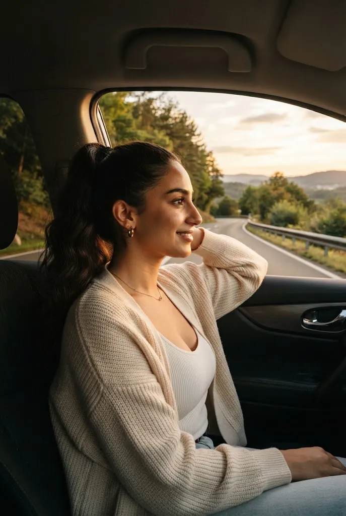 Woman layering a light cardigan during an evening summer road trip