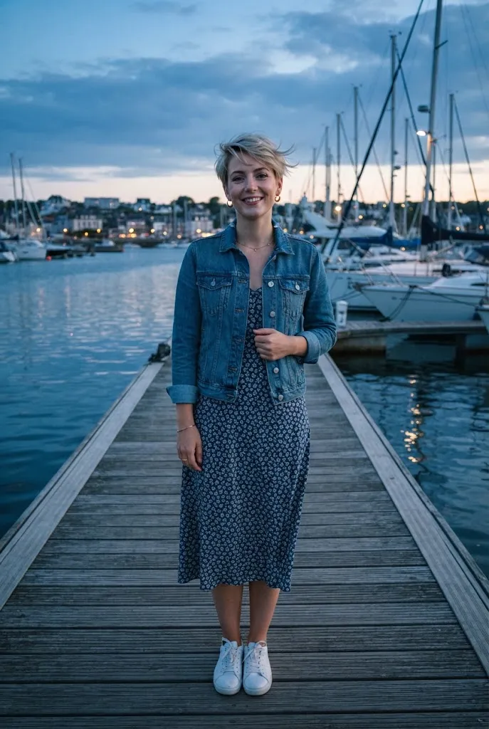 Woman wearing a denim jacket layered over a summer dress at dusk