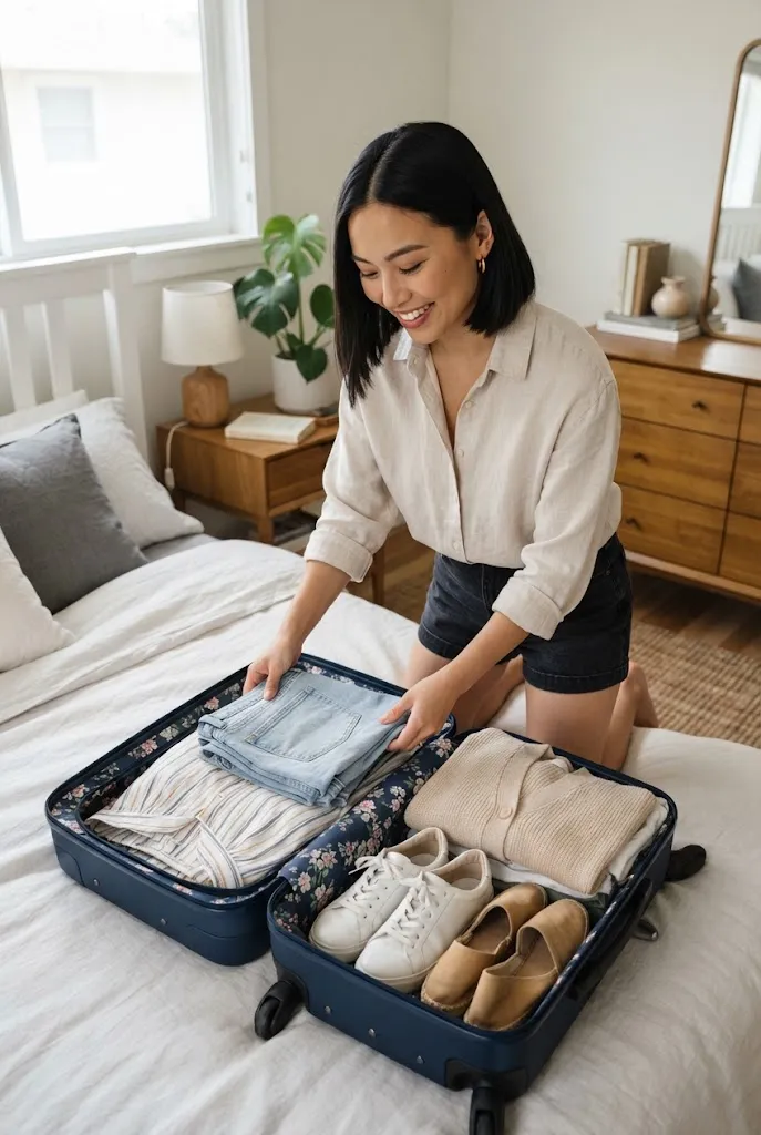 Woman packing a five piece capsule wardrobe for a summer weekend trip