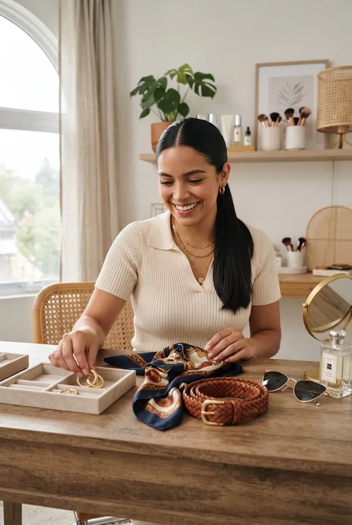 Woman laying out four accessories for summer weekend outfits