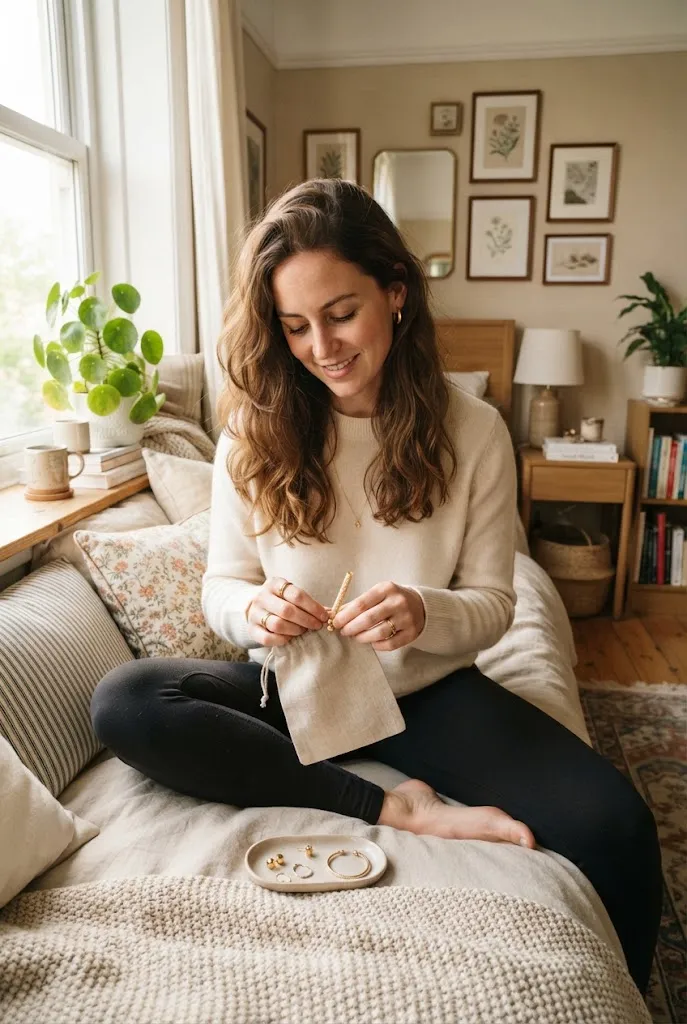 Woman organizing jewelry to pack for a summer weekend getaway