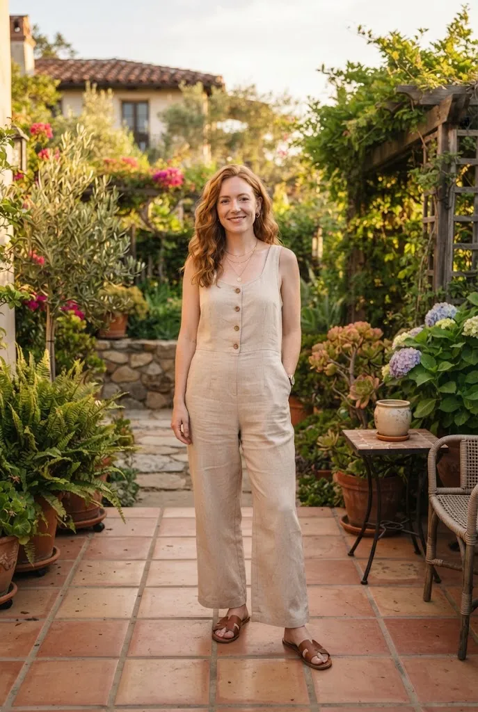 Woman wearing a linen jumpsuit outfit for a summer weekend getaway