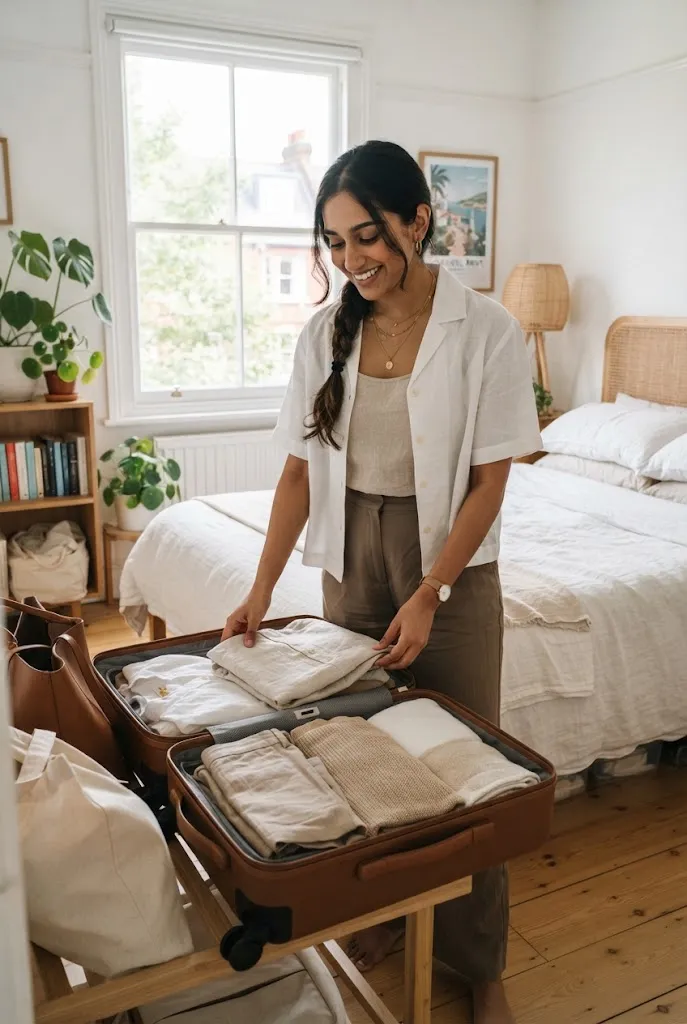 Woman packing a neutral color story wardrobe for a weekend getaway
