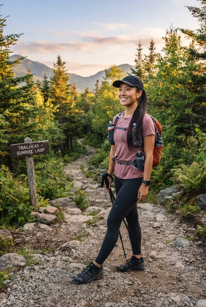 Woman dressed for a sunrise hike during a summer weekend trip
