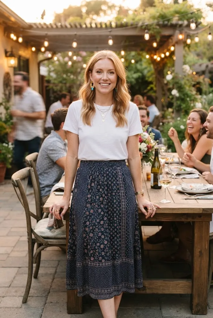 Woman dressing up a plain white tee for summer dinner outfit