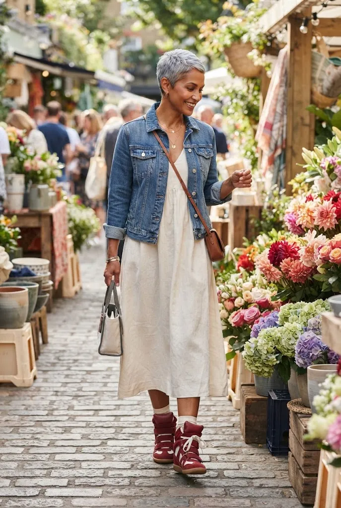 Woman in a denim jacket wearing red Isabel Marant-style wedge sneakers at a weekend market