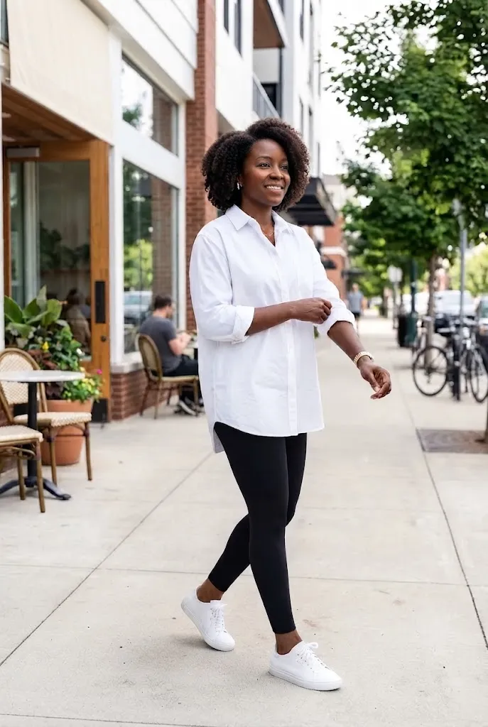 white-button-down-black-leggings-outfit-black-women-over-40