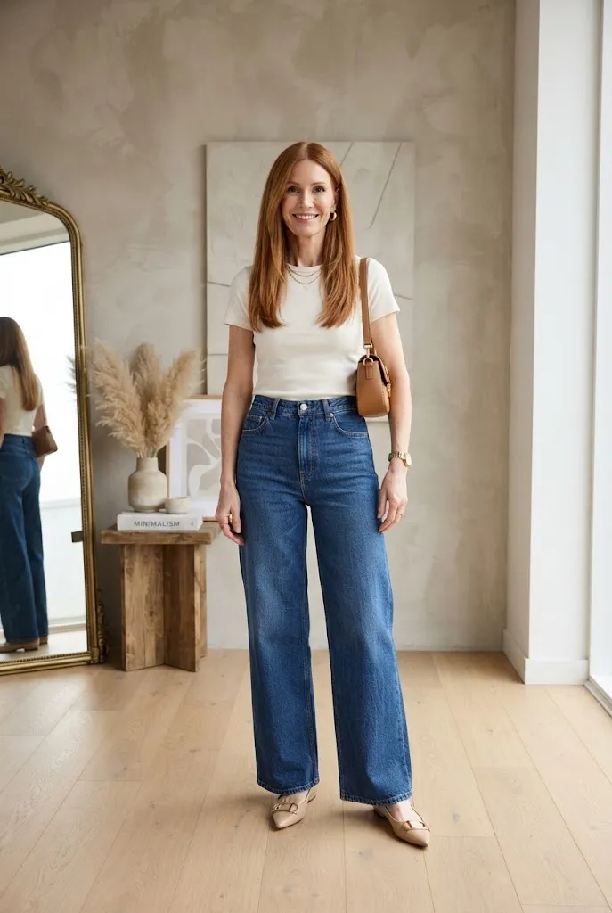 Woman wearing wide-leg denim jeans with a fitted cotton top for a balanced modern outfit.