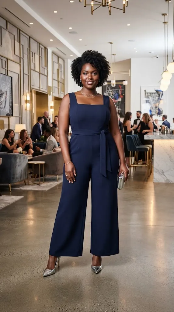 Curvy woman in a navy wide-leg jumpsuit for a modern party outfit