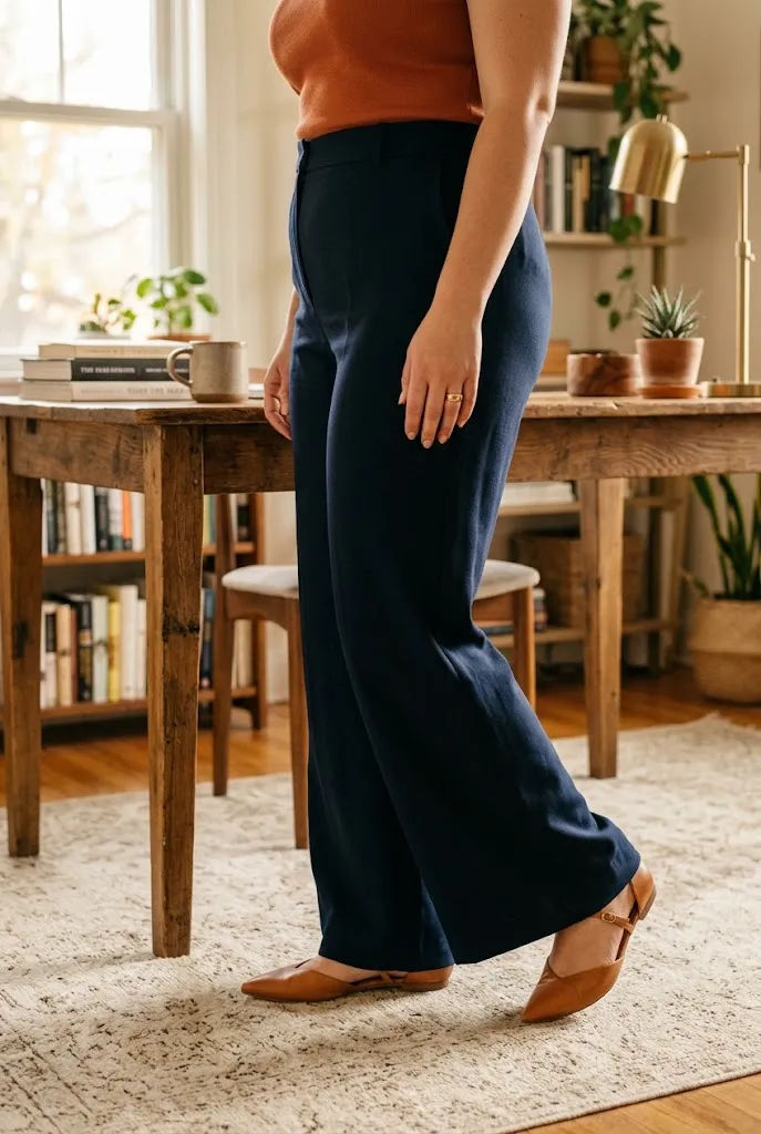 Curvy woman in wide leg trousers and fitted top with pointed toe shoes