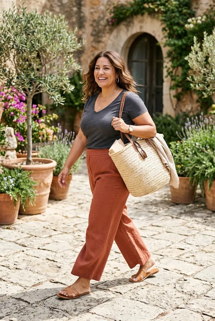 Curvy plus size woman walking in wide leg trousers and a fitted top at brunch