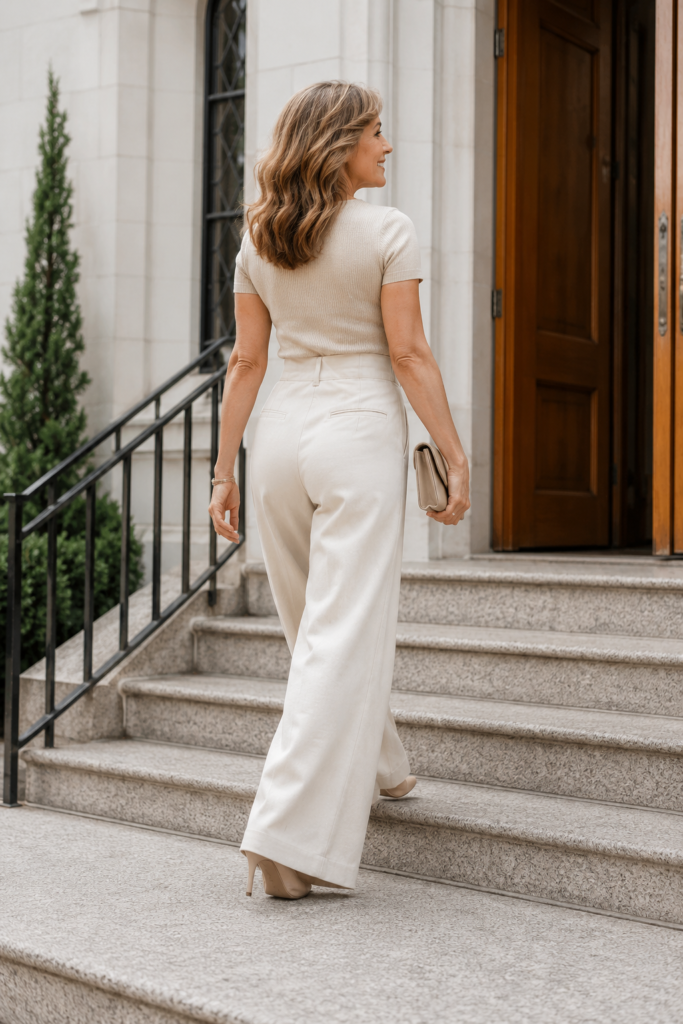 Wide leg cream trousers styled as a church outfit alternative to jeans