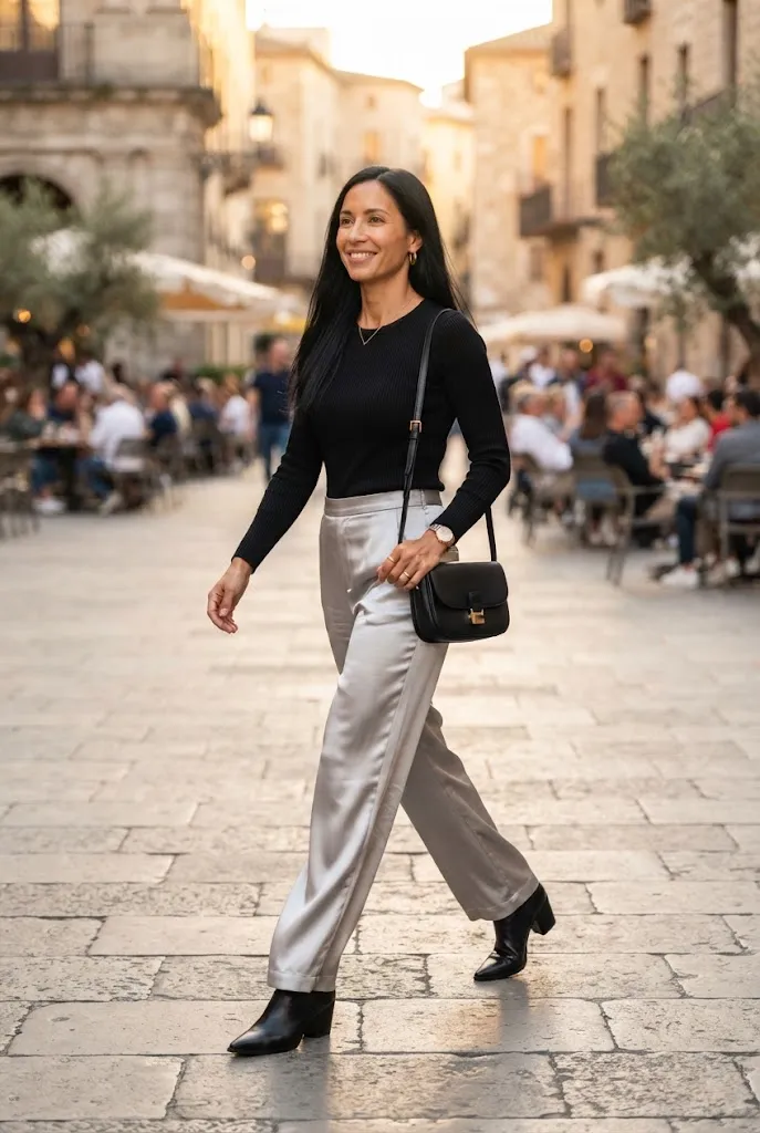 Woman age 41 wearing silver satin wide-leg trousers and a fitted black top for a concert