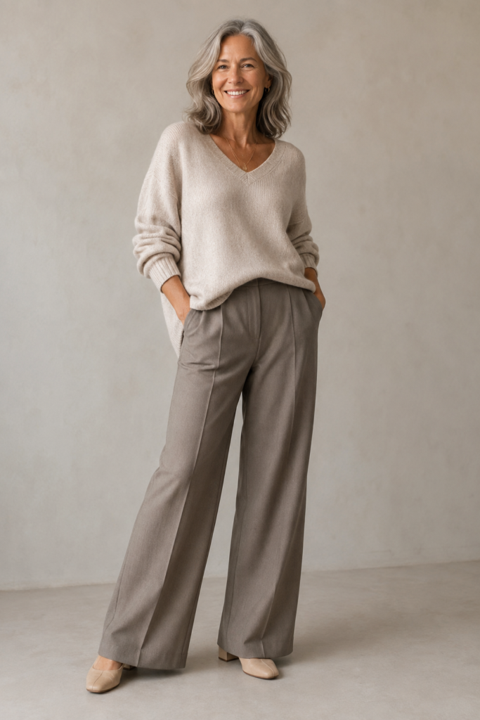 Wide-leg trousers and soft knit sweater styled with a low block heel instead of flats