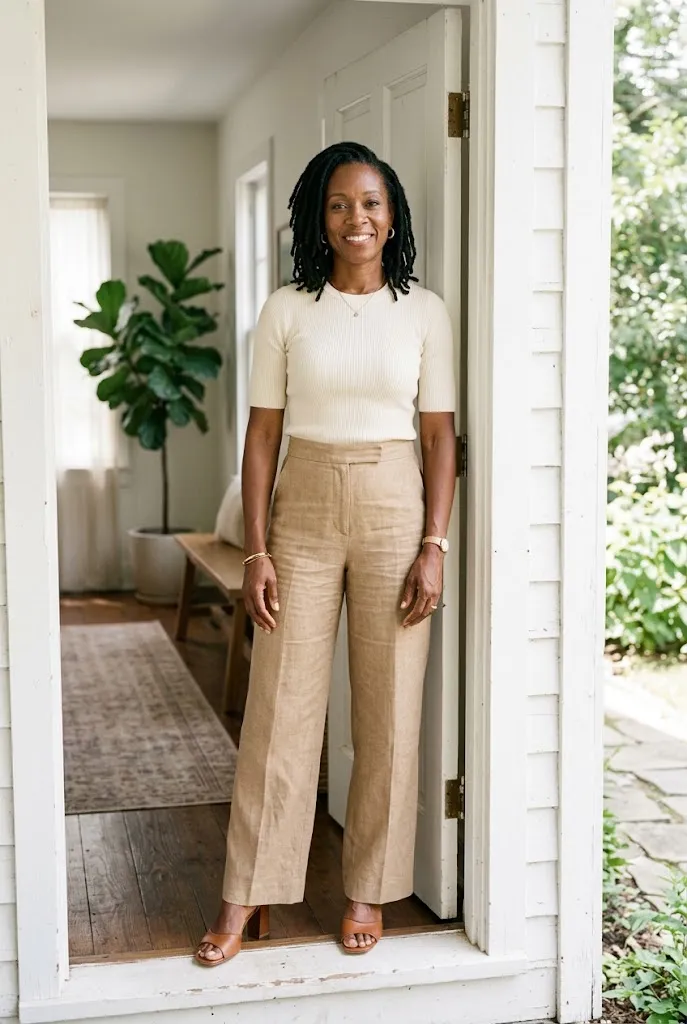 A vertical 2:3 realistic Pinterest style photo close up of a Black woman, age approximately 43, with natural black curls pulled into a low ponytail, wearing large gold hoop earrings and a simple black turtleneck, photographed from the shoulders up against a neutral studio backdrop. Soft diffused studio lighting, elegant and calm mood, close portrait framing showing fine lines, natural texture, and mature skin. Clean, bright, natural, high detail, realistic lifestyle photography. No text in the image.