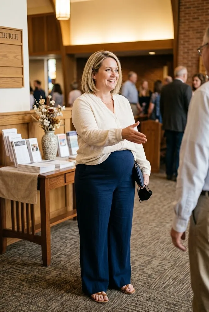 Plus size white American woman wearing wide leg trousers and a blouse in a church lobby