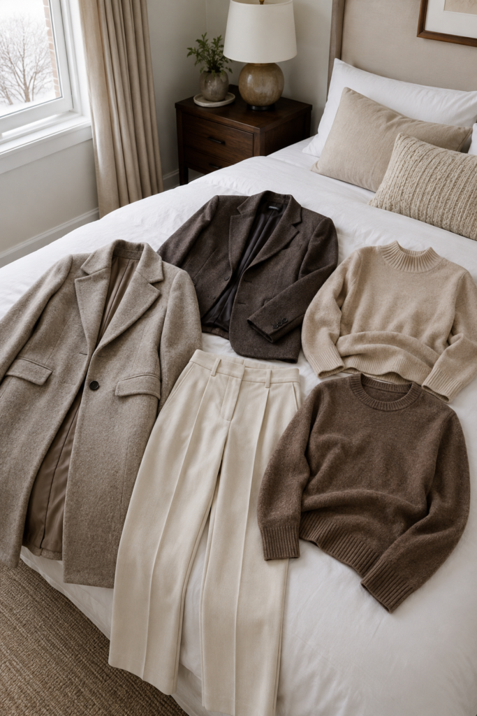 Five piece winter capsule wardrobe laid out including coat, blazer, sweaters, and trousers