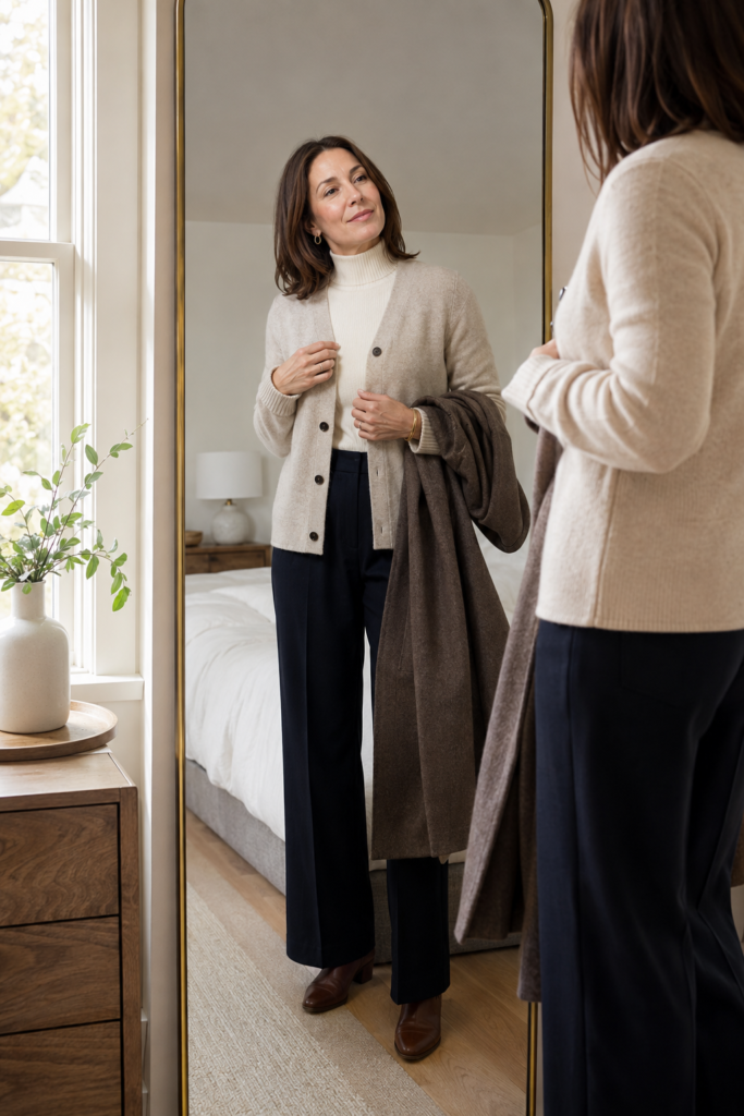 Woman over 40 layering a fitted turtleneck, structured cardigan, and loose wool coat for a winter outfit