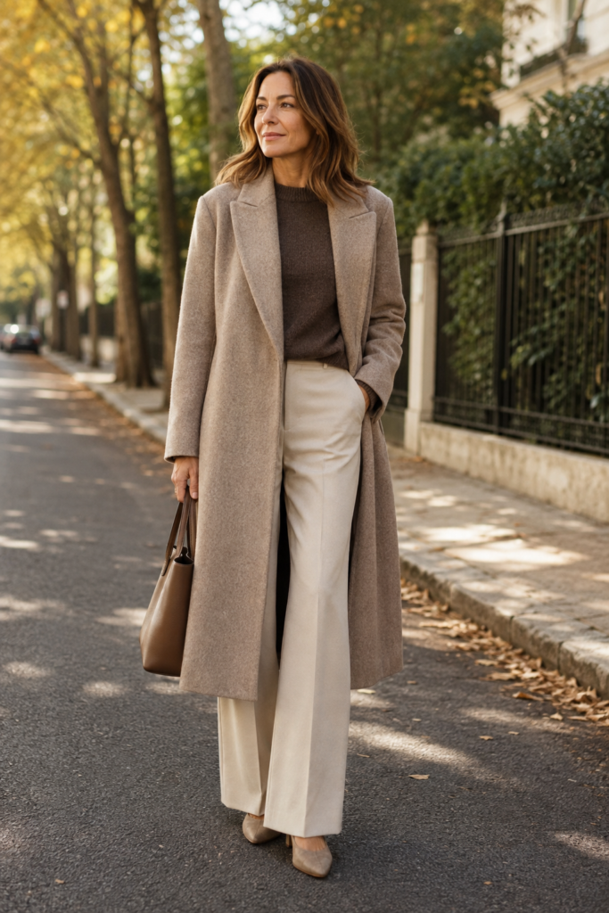 Woman over 40 wearing long wool coat past the knee with wide leg trousers