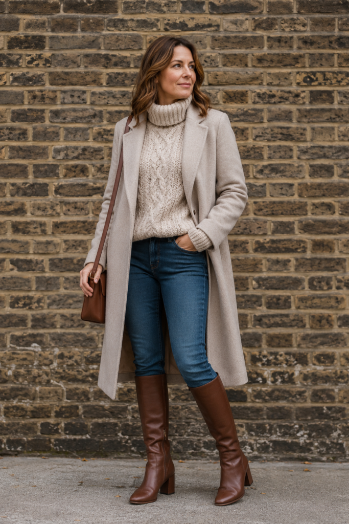 Woman over 40 wearing chunky knit sweater, smooth wool coat, and leather boots