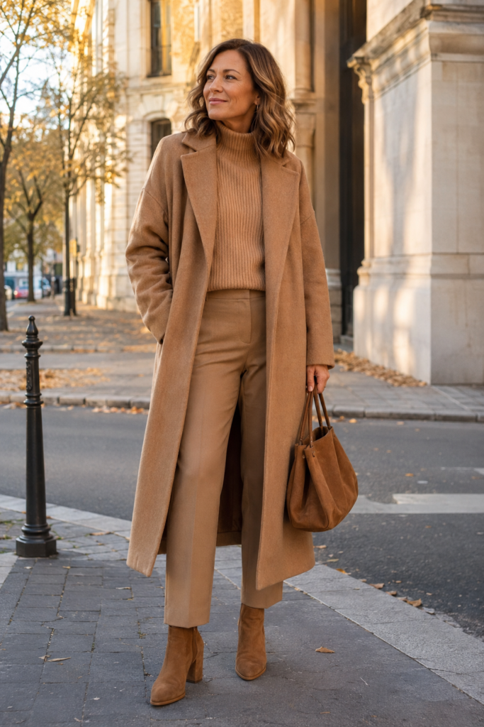 Woman over 40 wearing monochrome camel winter outfit with mixed textures