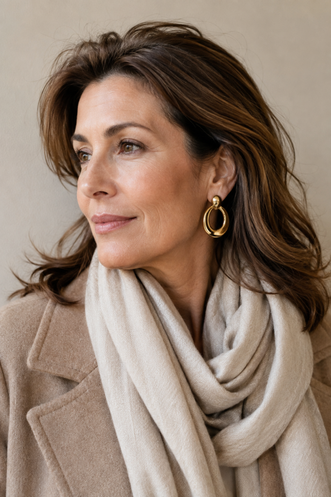 Woman over 40 wearing one statement earring with simple scarf and coat