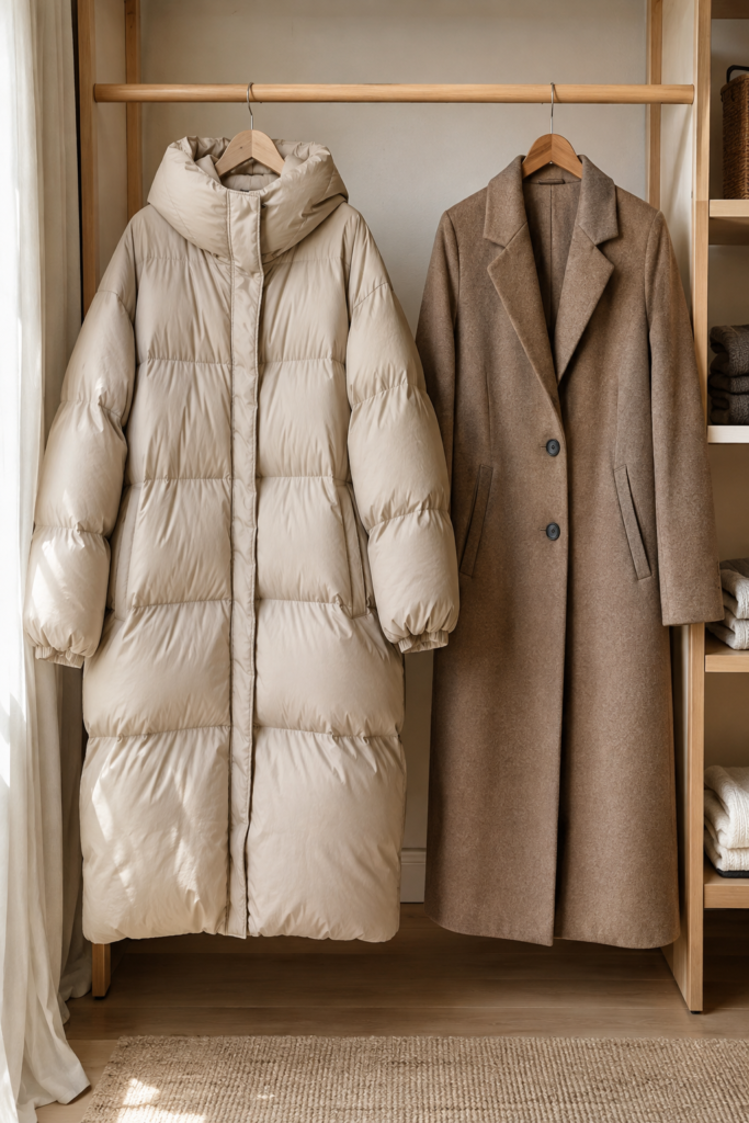 Oversized puffer coat compared to fitted wool coat on a clothing rack