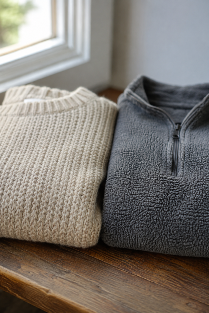 Wool blend sweater and fleece sweater compared side by side for winter warmth