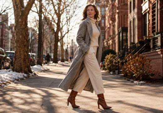 Woman over 40 walking in a chic winter outfit with long wool coat, knit sweater, and tall boots