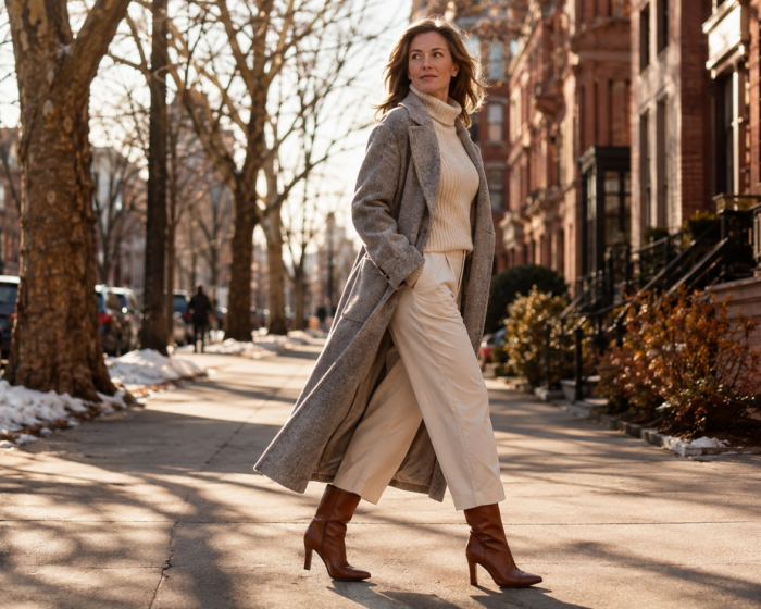 Woman over 40 walking in a chic winter outfit with long wool coat, knit sweater, and tall boots