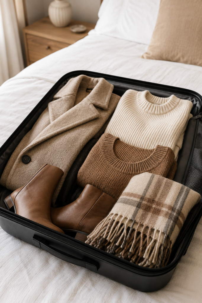 Suitcase packed with winter capsule pieces including coat, sweaters, boots, and scarf