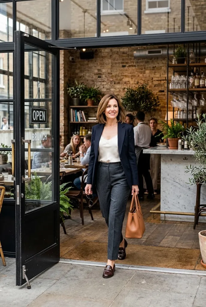 Woman in her 40s in tailored trousers and loafers at a coworker brunch