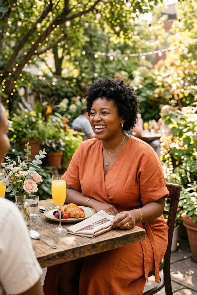 Plus size woman in a terracotta wrap midi dress sitting at a sunny outdoor brunch table