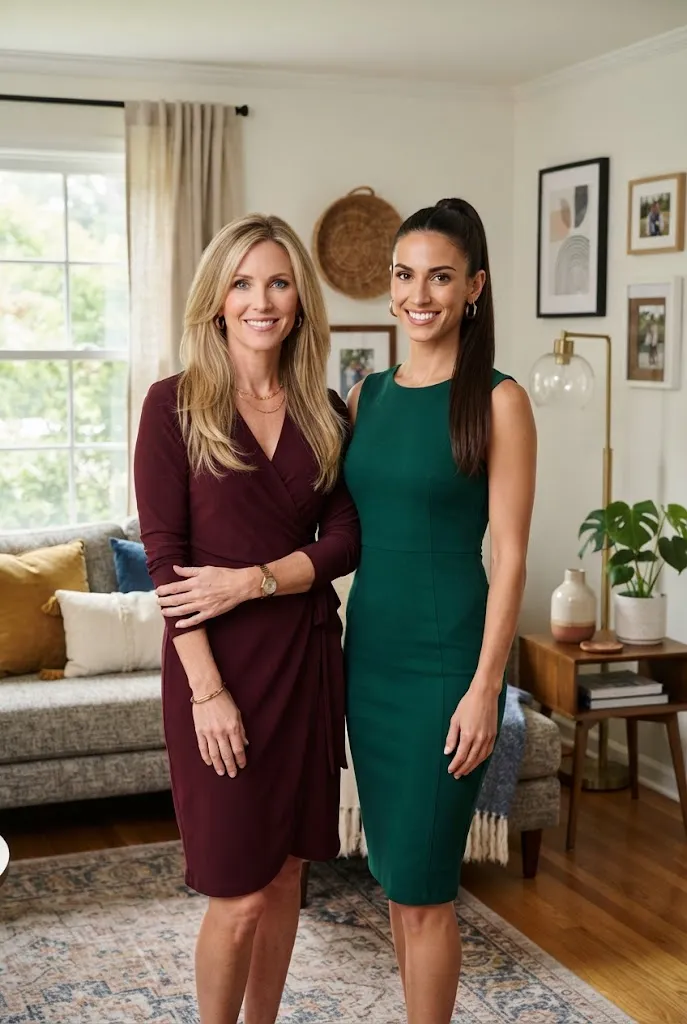Two cocktail party dress styles, a wrap dress and a sheath dress, side by side