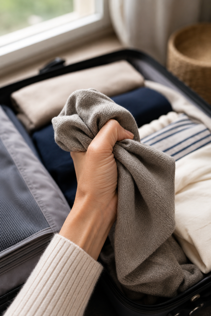 Close up of a hand scrunching wrinkle resistant travel fabric to test how it recovers