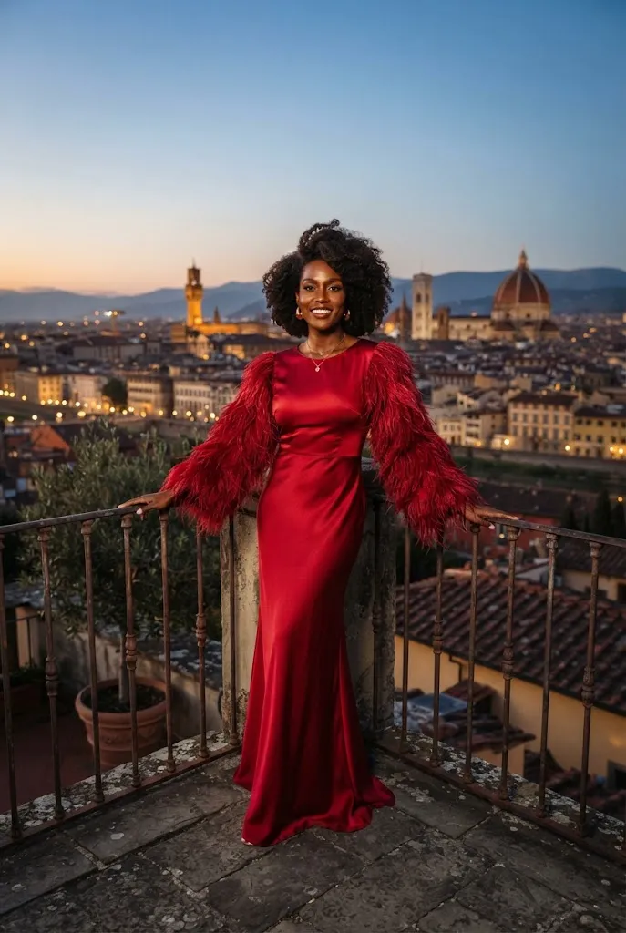 Ruby red gown with feather sleeves, elegant winter wedding guest look