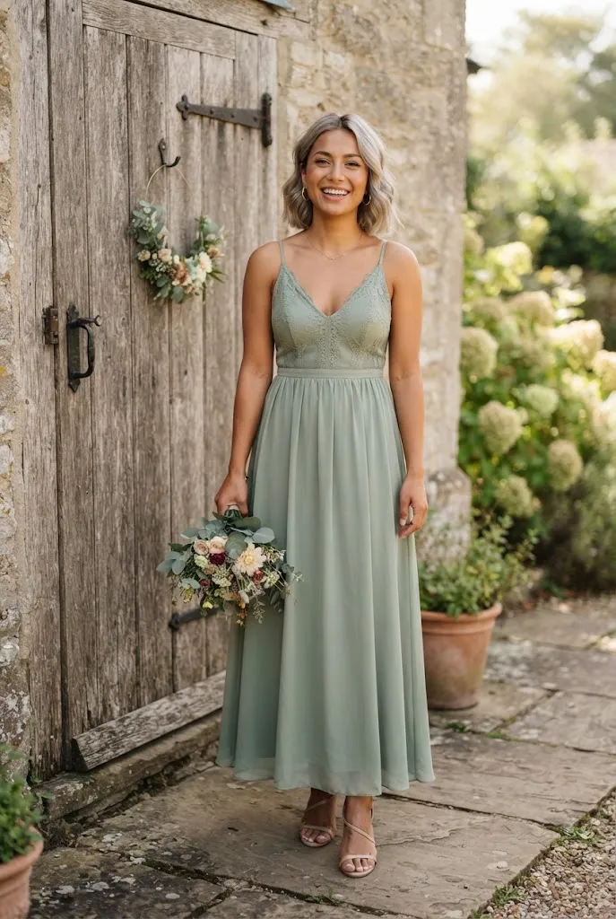 Bridesmaid in an A-line dress with fitted bodice near a rustic wood door