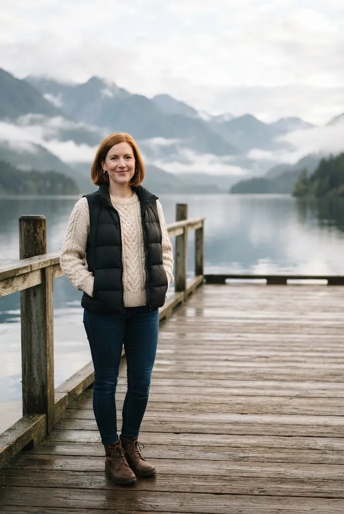 Woman layering a cream sweater and black vest on a dock in Alaska
