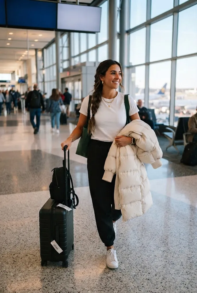 Woman walking through an airport wearing joggers and carrying a puffer coat