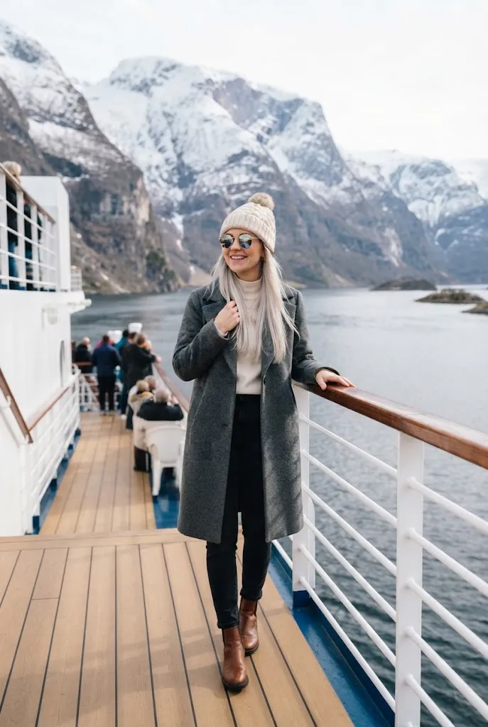 Woman wearing a cream beanie and sunglasses on a ship deck overlooking an Alaska fjord