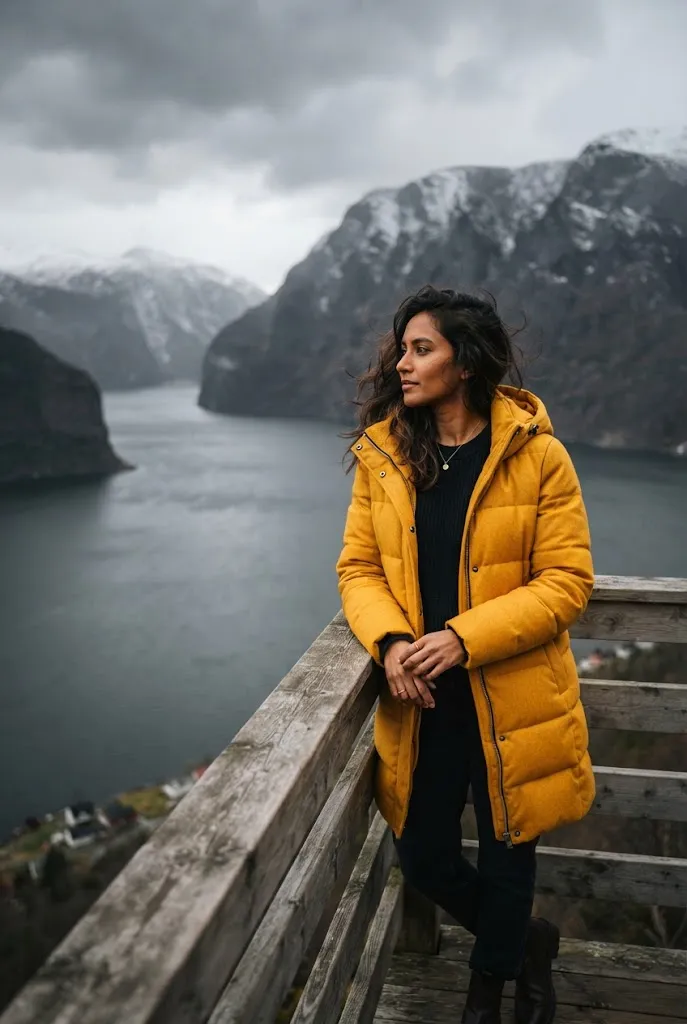Woman in a bold mustard yellow coat standing beside an Alaska fjord
