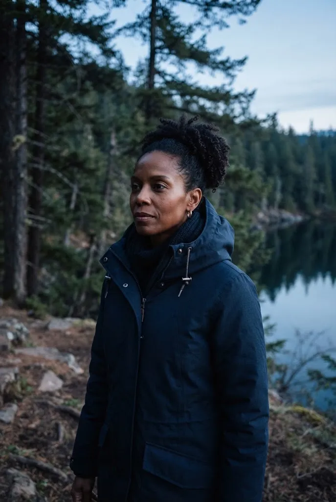 Woman wearing a navy parka with the hood cinched tight near an Alaska forest lake