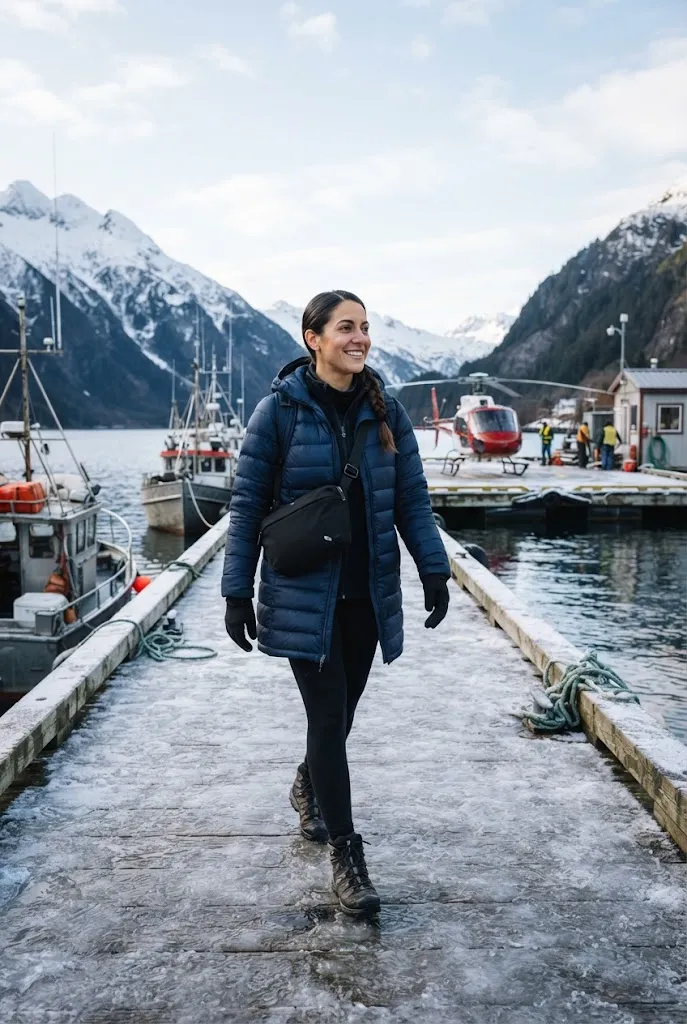 Woman wearing a crossbody bag over a puffer coat near an Alaska glacier landing