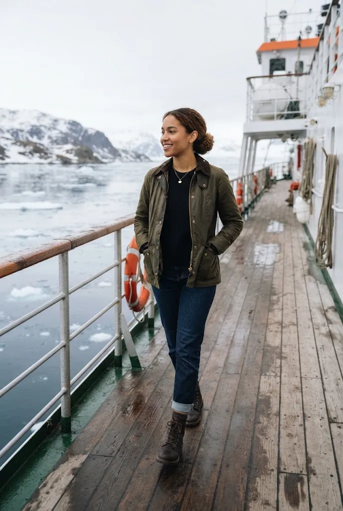 Woman in dark jeans walking along a cruise ship deck in Alaska