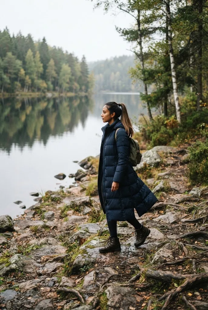 Woman wearing a long navy quilted coat on a forest shoreline in Alaska