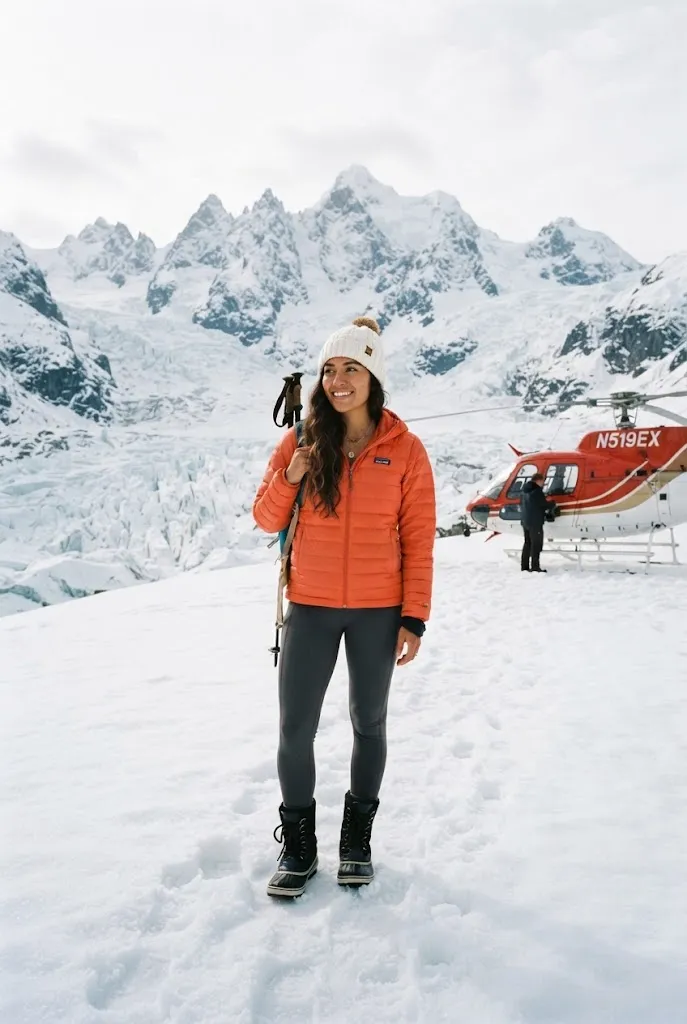 Woman in bright orange puffer coat standing on snow near a glacier landing site in Alaska