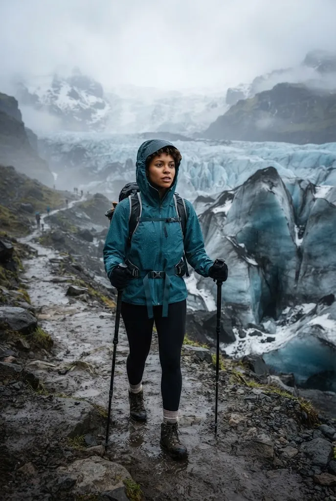 Woman wearing a packable teal rain shell on a misty Alaska glacier trail