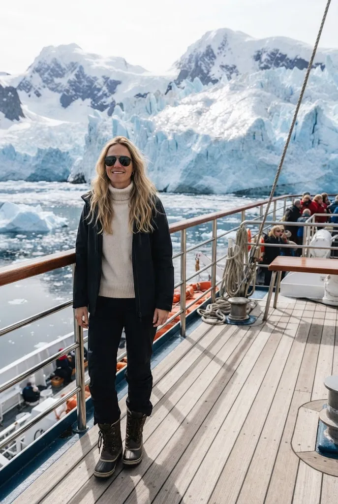 Woman wearing polarized sunglasses on a ship deck near a bright glacier